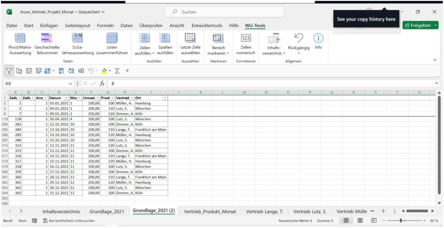 Leistungen Excel WU-Tool für die Erstellung von Inhaltsverzeichnissen und der numerischen Formatierung von Zellen